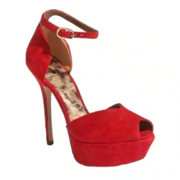 SAM EDELMAN | Marina Round Peep Toe Ankle Strap Red Platform Stilettos Size 9M - Picture 9 of 10